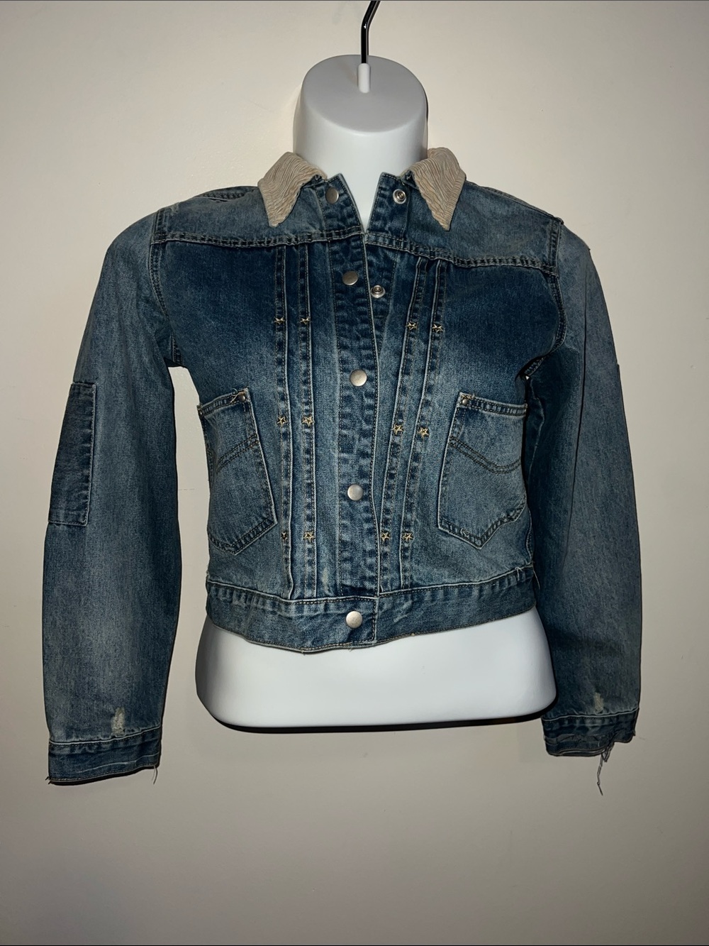 Mod Ref Distressed Blue Denim Jacket with Cream Corduroy Collar